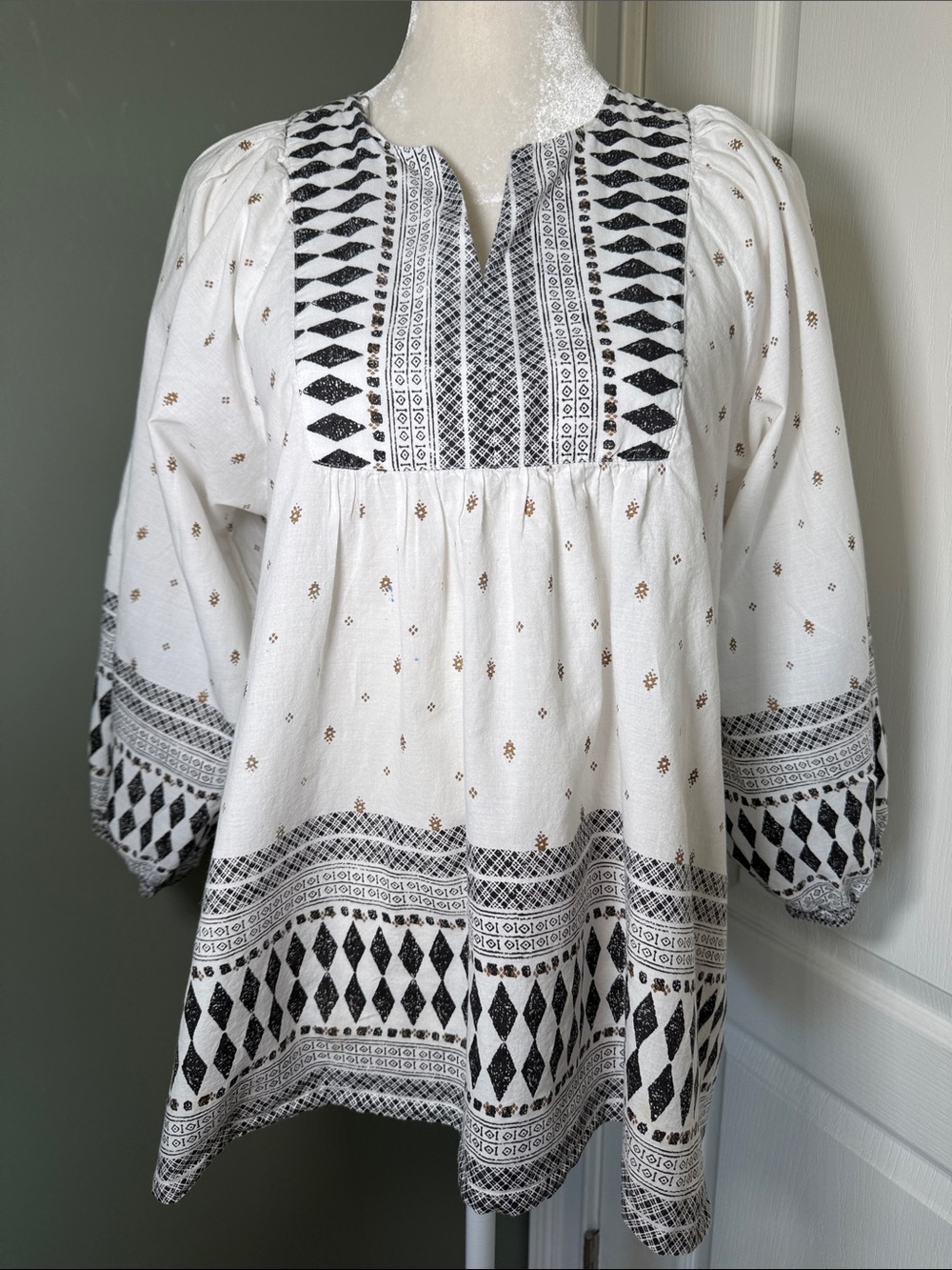 World Market Boho Tunic Top Black White Geometric Print Peasant S/M